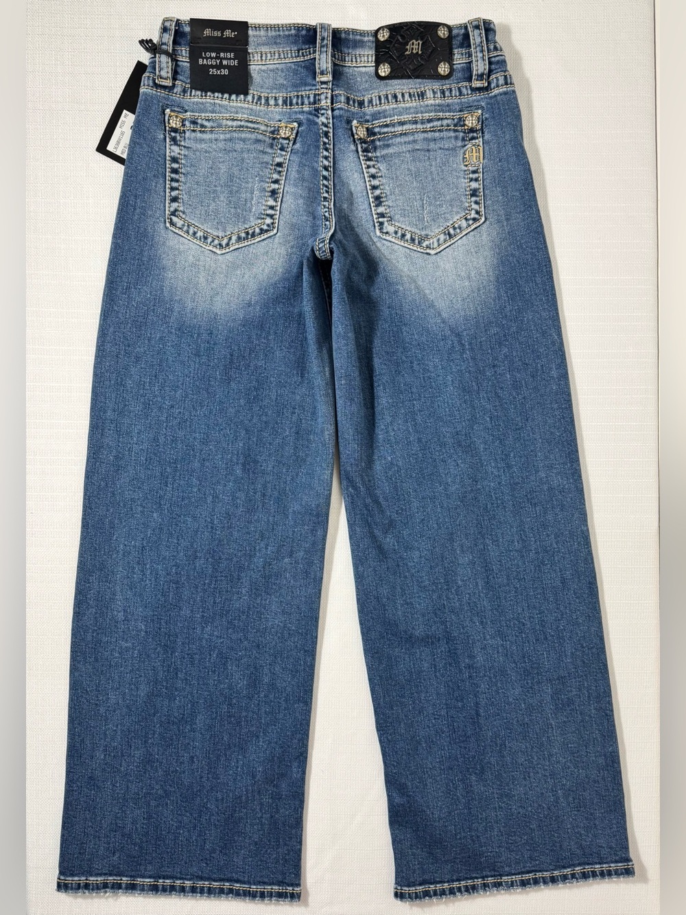 Miss Me Black Low Rise Baggy Wide Jeans Blue Distressed Size 25 NWT
